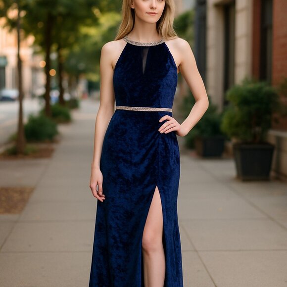 NWT R&M Richards 9130W Long Velvet Formal Dress Sequins Detail - Picture 1 of 10